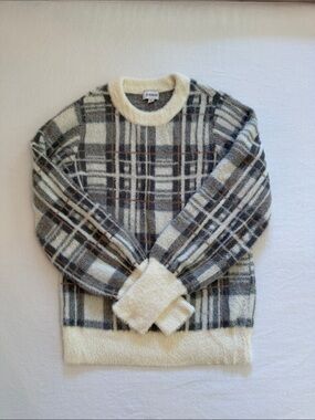 Evereve Cream Crewneck Sweater with Gray and Brown Plaid